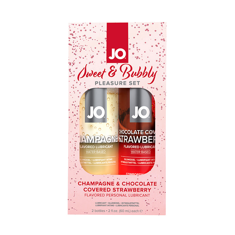 JO Sweet & Bubbly Pleasure Set featuring Champagne and Chocolate Covered Strawberry flavored water-based lubricants in elegant packaging.